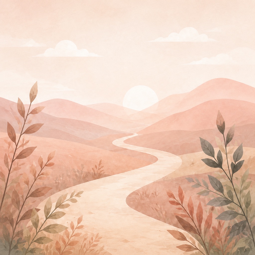 A calm path through sunlit hills