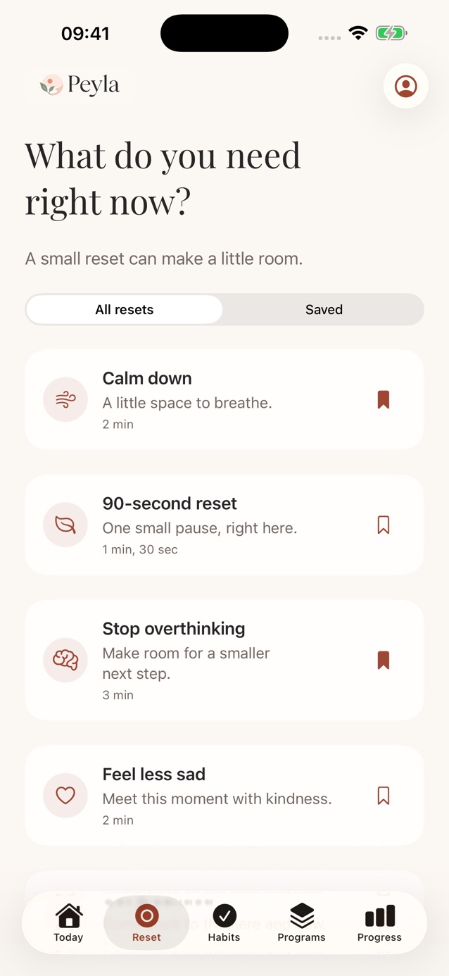 Peyla Reset screen with short breathing and grounding tools