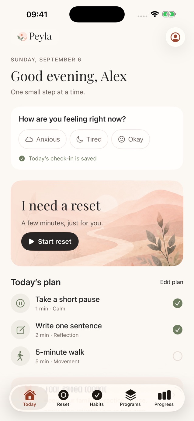 Peyla Today screen with a mood check-in, a small reset and a personal daily plan